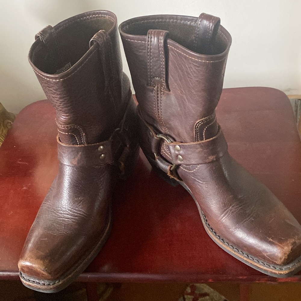 Frye Brown Cowboy Western Boots with Square Toe and Ankle Strap